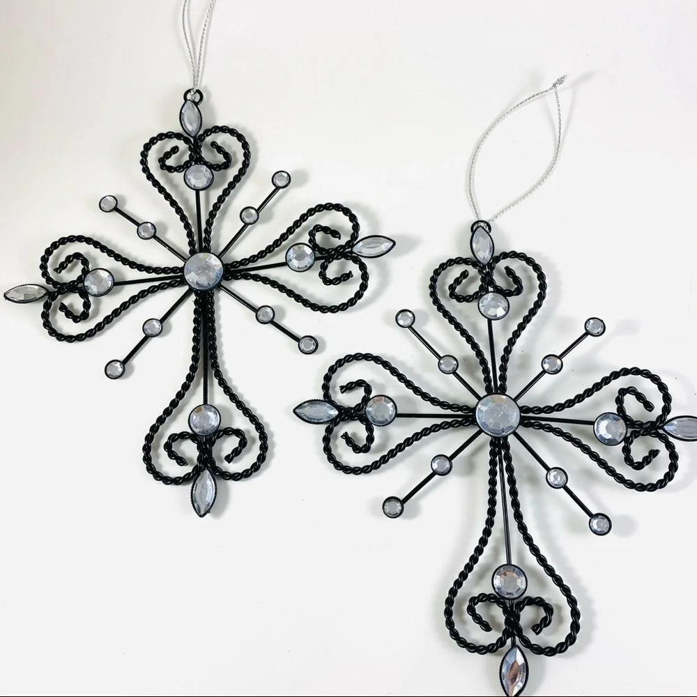 2 metal and rhinestone cross Christmas ornaments